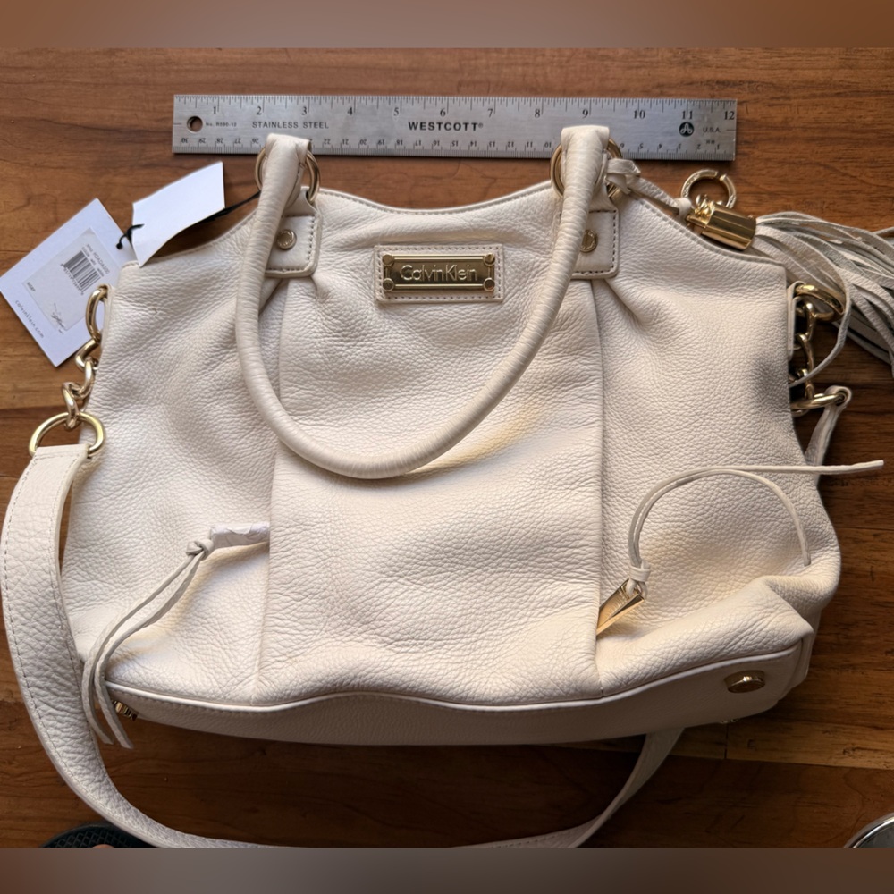 Calvin Klein Cream Leather Satchel with Gold Hardware